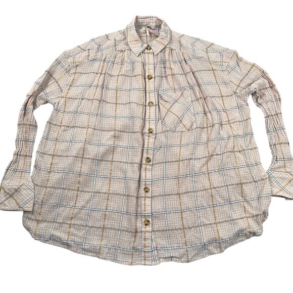 Free People Top Women XS Break My Stripe Plaid Oversized Pale Pink Gold Metallic - Picture 15 of 16